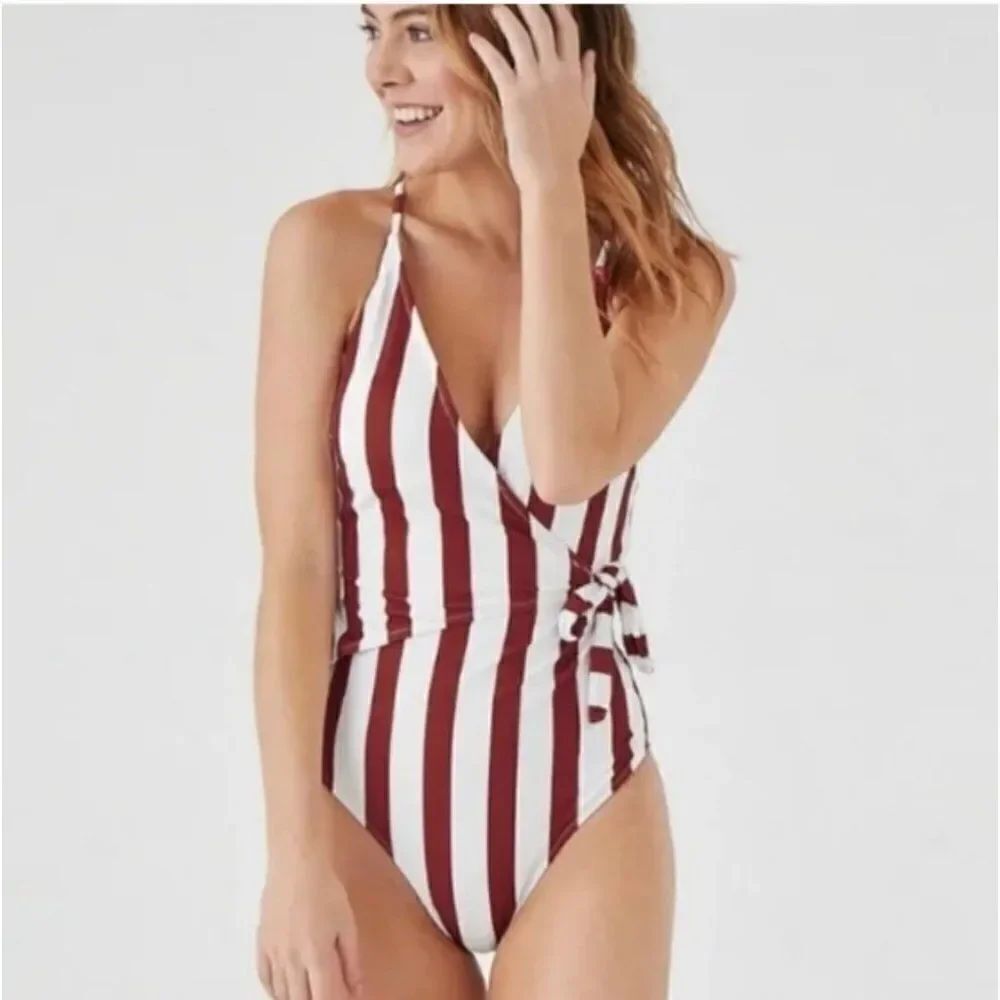 CUPSHE Rust & White Striped One-Piece Wrap Swimsuit Size XXL NWT <3
